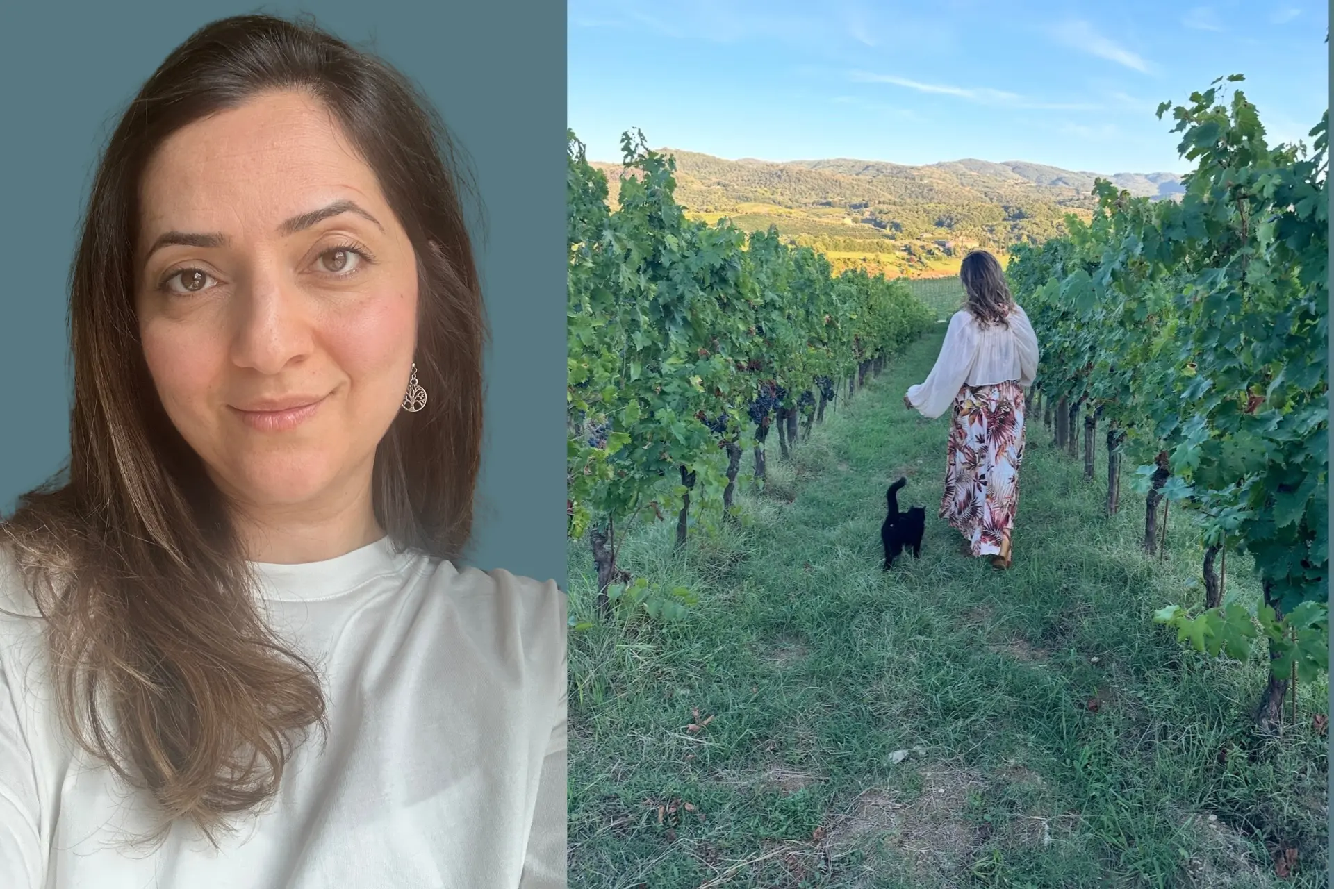 Sazan Lindh, porträtt samt bild där hon går i en vingård med en katt vid sin sida